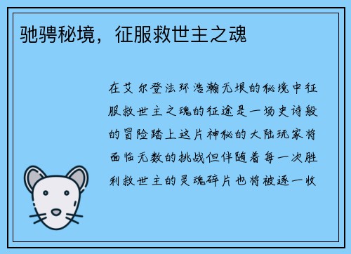 驰骋秘境，征服救世主之魂